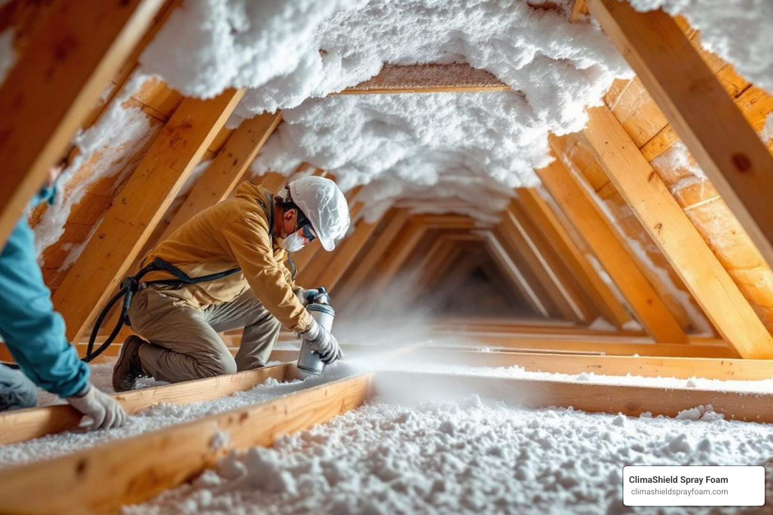 spray foam insulation being applied in an attic - residential insulation types