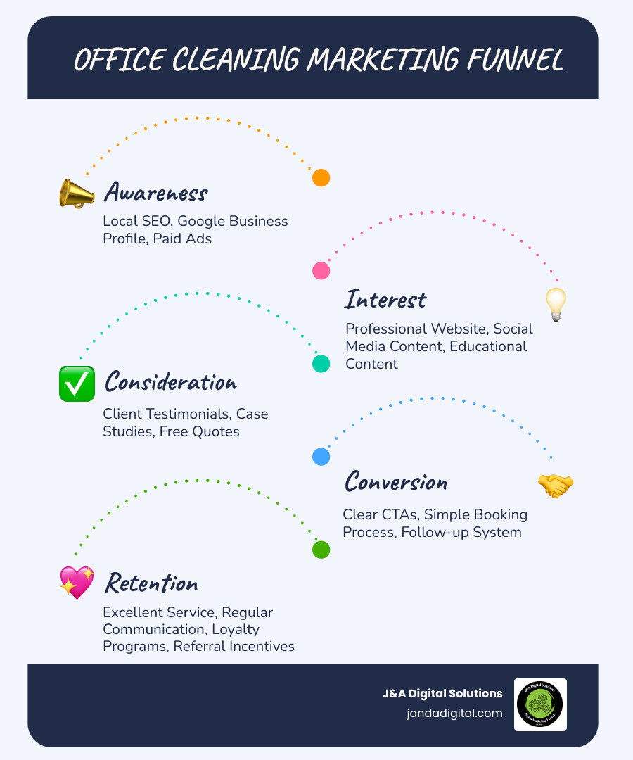 Infographic showing the office cleaning marketing funnel with five stages: 1) Awareness (Local SEO, Google Business Profile, Paid Ads), 2) Interest (Professional Website, Social Media Content, Educational Content), 3) Consideration (Client Testimonials, Case Studies, Free Quotes), 4) Conversion (Clear CTAs, Simple Booking Process, Follow-up System), and 5) Retention (Excellent Service, Regular Communication, Loyalty Programs, Referral Incentives) - office cleaning marketing infographic infographic-line-5-steps-blues-accent_colors