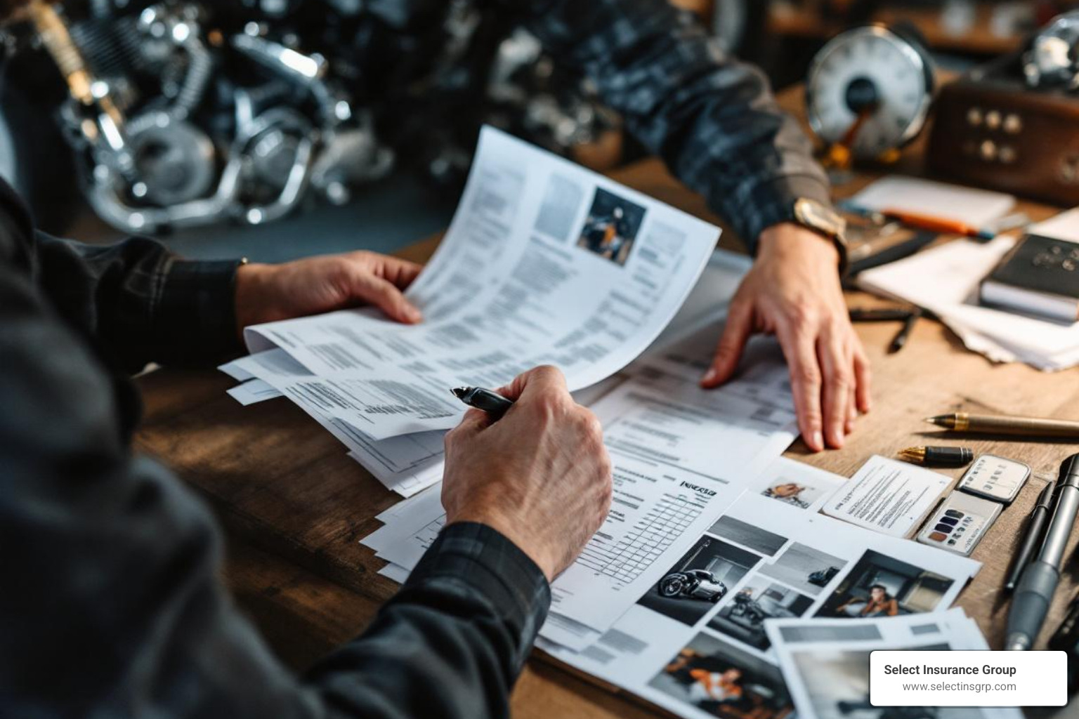 rider organizing receipts and photos of their bike build - custom motorcycle insurance rider organizing receipts and photos of their bike build - custom motorcycle insurance