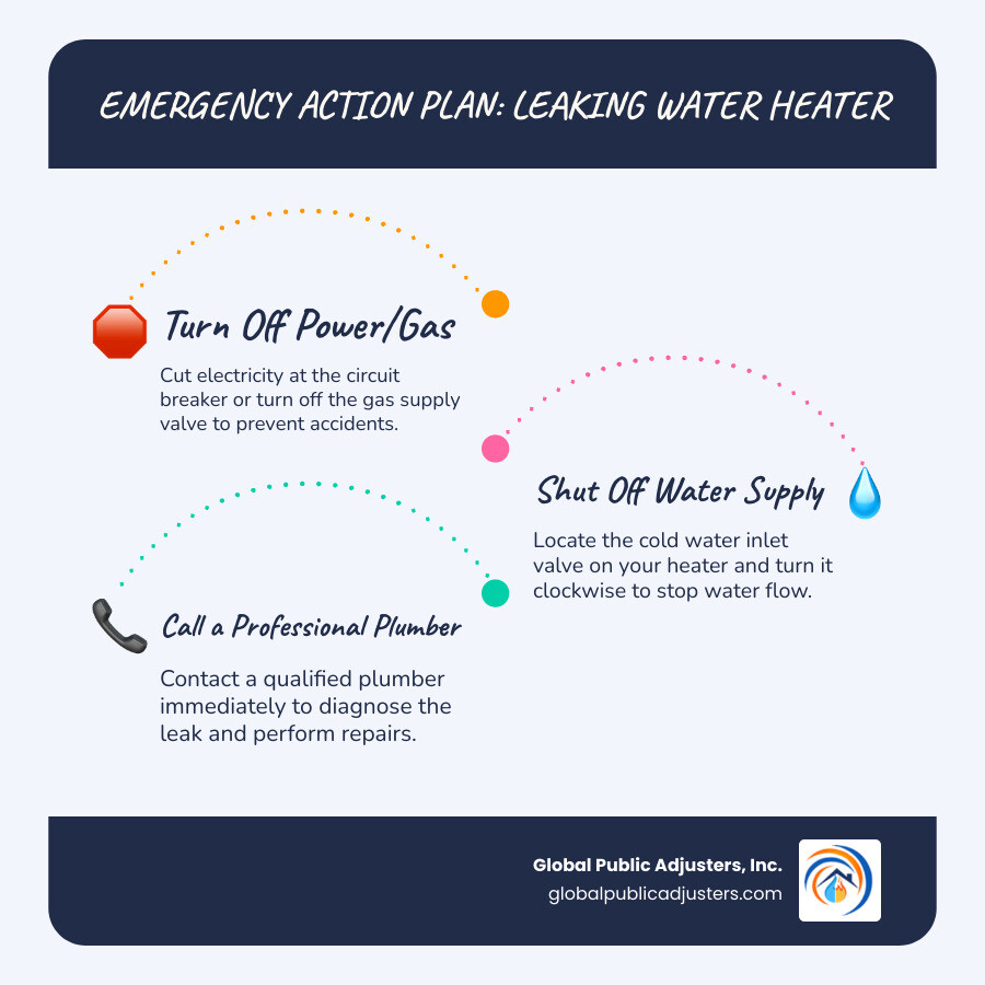 Infographic showing a flowchart for handling a hot water heater leak: Step 1 shows a hand turning off an electrical breaker or gas valve labeled "Turn Off Power/Gas Supply"; Step 2 shows a hand turning a valve clockwise labeled "Shut Off Cold Water Inlet Valve"; Step 3 shows a phone with emergency contact labeled "Call a Professional Plumber"; arrows connect each step sequentially with a note at the bottom stating "Contain water with towels or buckets while waiting" - hot water heater leak infographic infographic-line-3-steps-blues-accent_colors
