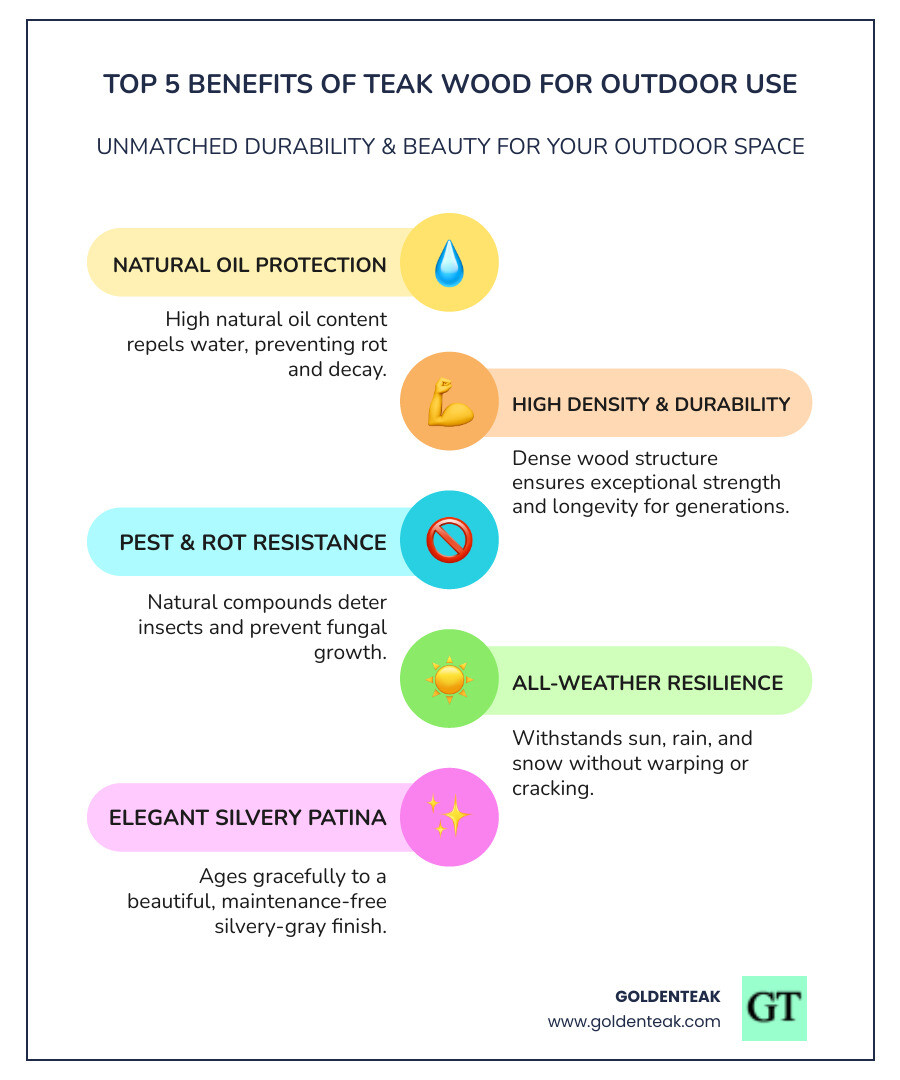 Infographic showing the top 5 benefits of teak wood for outdoor use: natural oil protection creating water resistance, high density wood structure for durability, natural pest and rot resistance, self-regulating temperature properties, and ability to withstand all weather conditions while aging to an elegant silvery patina - Teak Outdoor Furniture Retail and Outlets infographic infographic-line-5-steps-colors