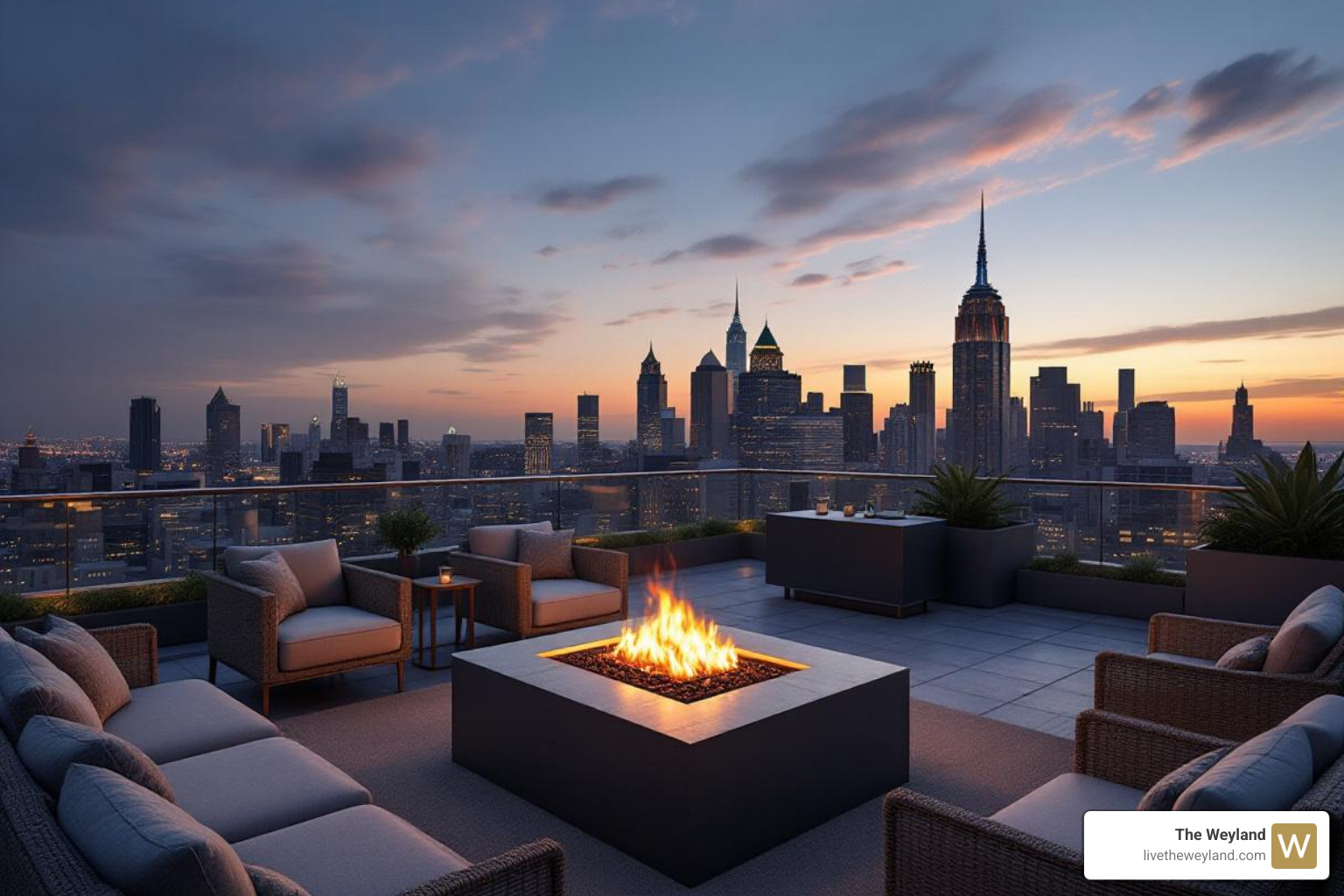 luxurious rooftop terrace with a fire pit and skyline views - Wicker Park new apartments