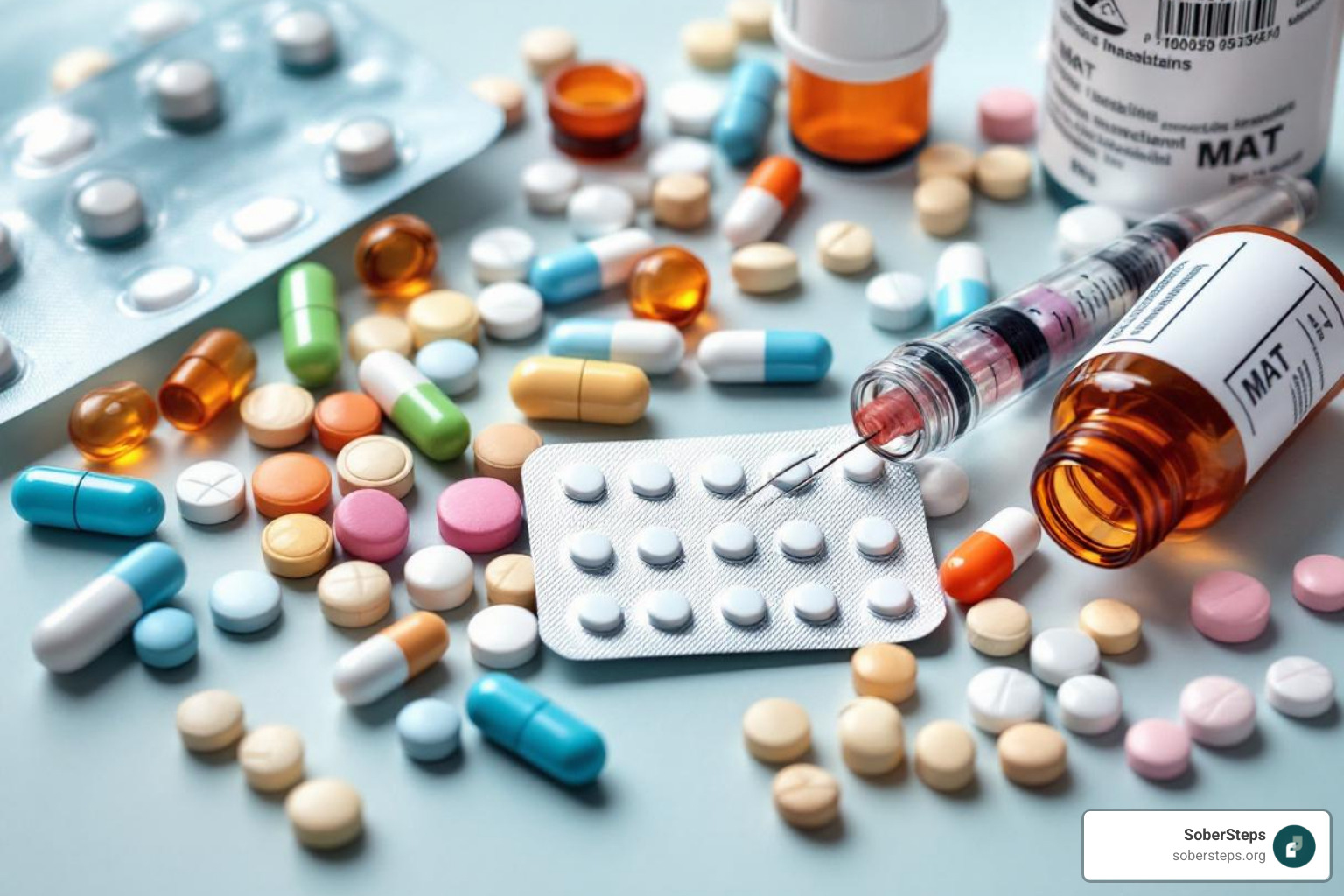 Image of various forms of MAT medications including pills, patches, and injectable vials - medication assisted treatment