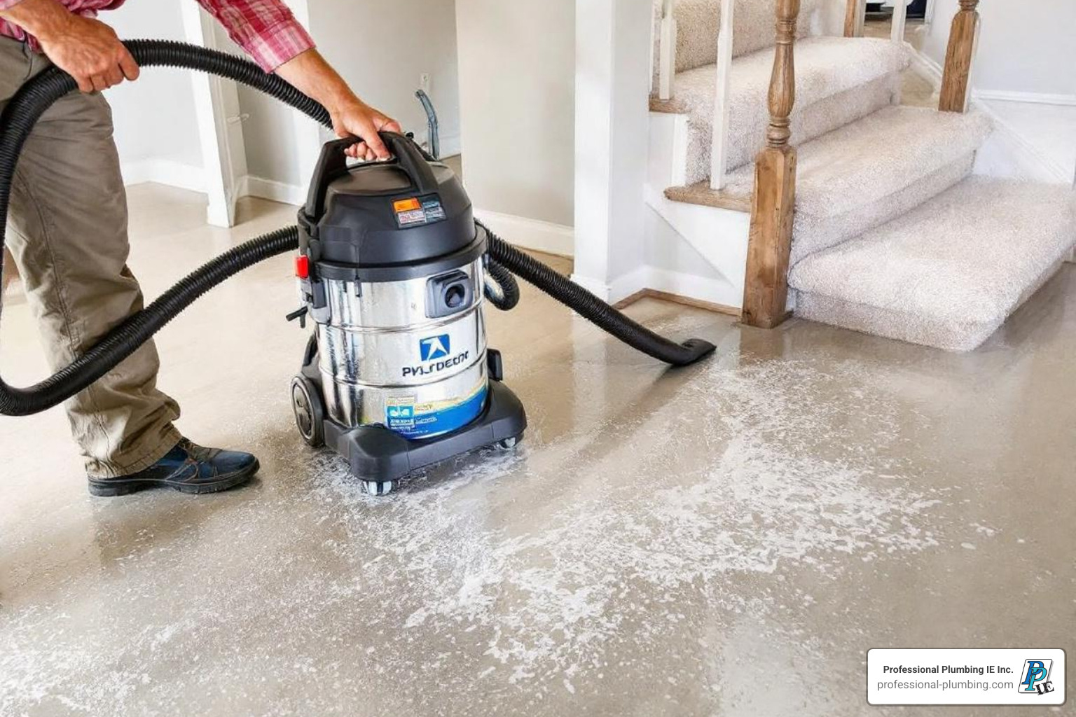 A homeowner using a wet/dry vac to remove water from a basement floor. - home foundation leak repair A homeowner using a wet/dry vac to remove water from a basement floor. - home foundation leak repair