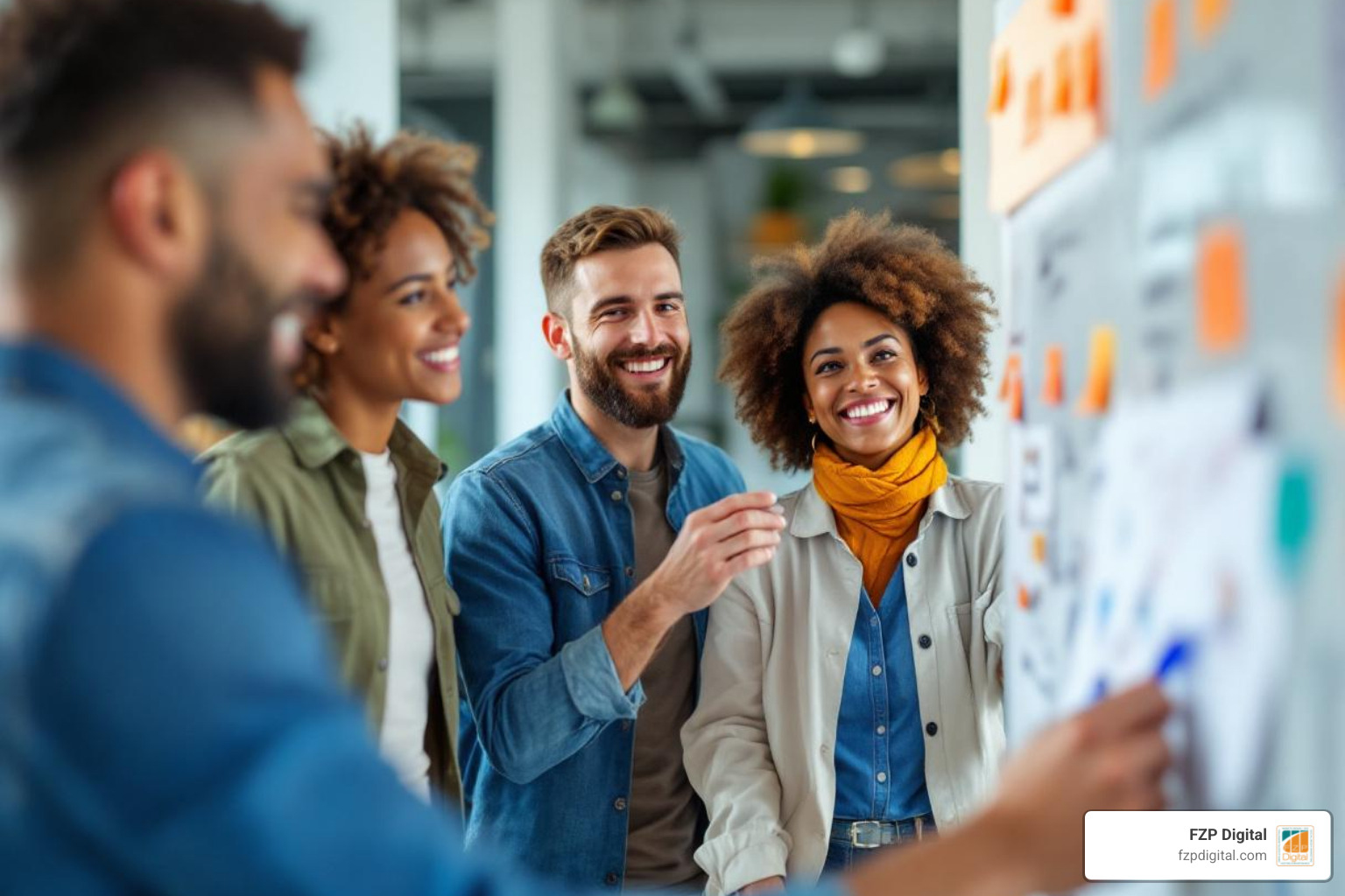 A diverse creative team brainstorming ideas on a whiteboard, smiling and engaged - advertising agencies in philly A diverse creative team brainstorming ideas on a whiteboard, smiling and engaged - advertising agencies in philly