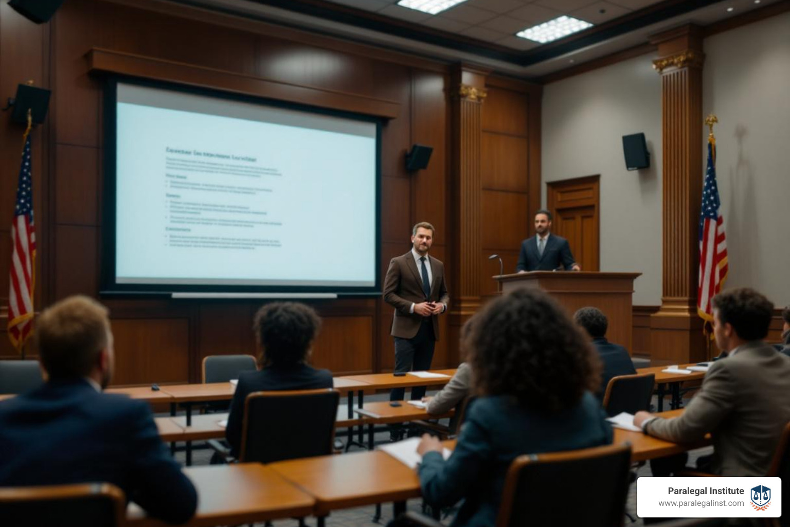 A diverse group of adult learners engaged in a classroom discussion, some taking notes, others listening intently to an instructor at the front of the room. - legal support courses
