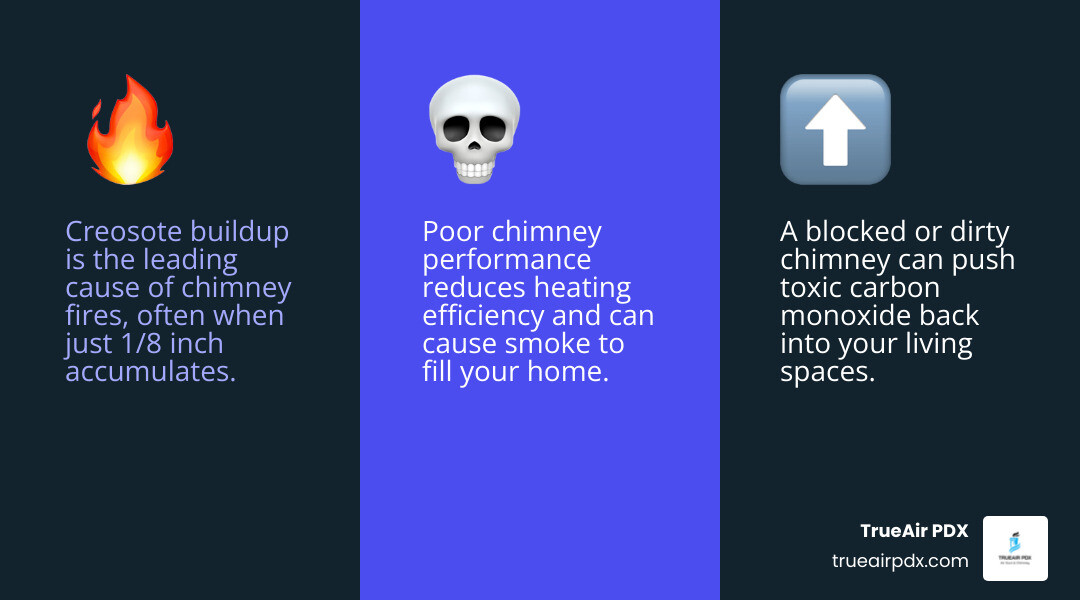 infographic showing three main reasons for chimney cleaning: a flame symbol for fire prevention, a CO detector icon for carbon monoxide safety, and an efficiency arrow for improved home heating performance, with statistics showing annual inspection recommendations from NFPA - chimney cleaning Portland infographic 3_facts_emoji_blue