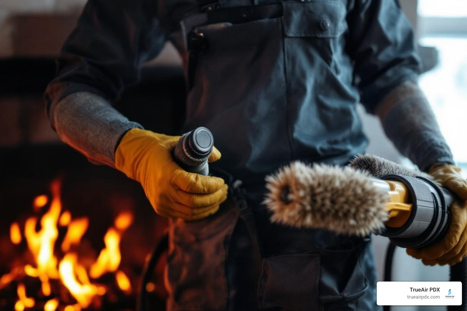 certified chimney sweep technician with tools - chimney cleaning Portland