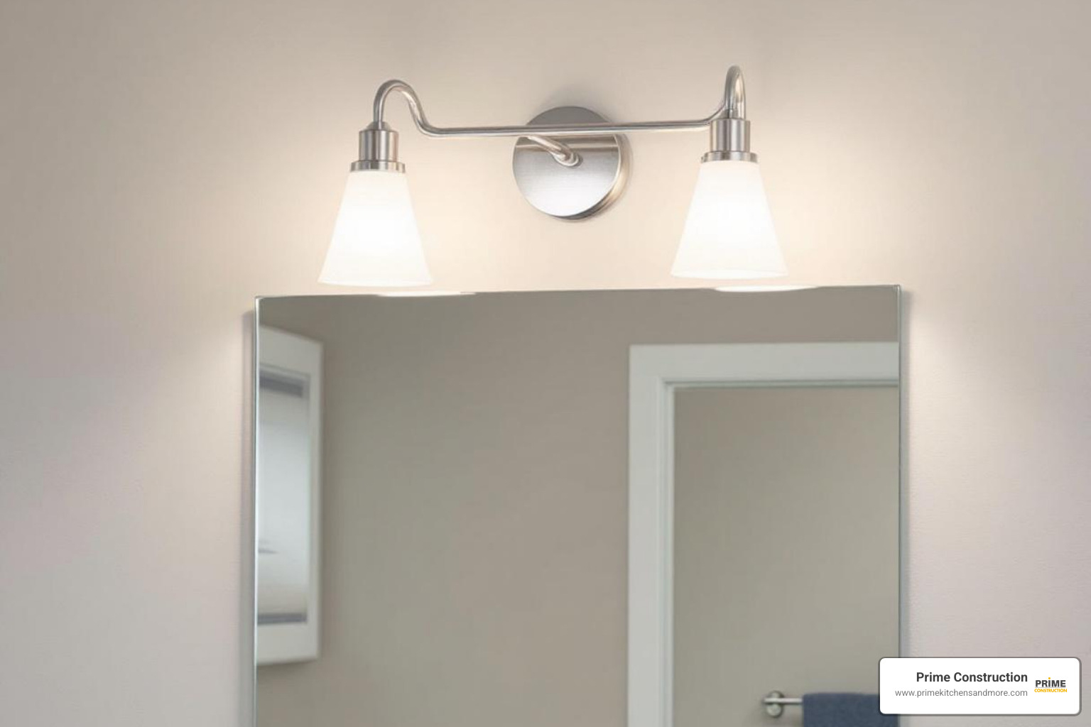 A modern bathroom with two neat brushed nickel vanity lights flanking a mirror, offering bright and even illumination. - Brushed nickel lighting