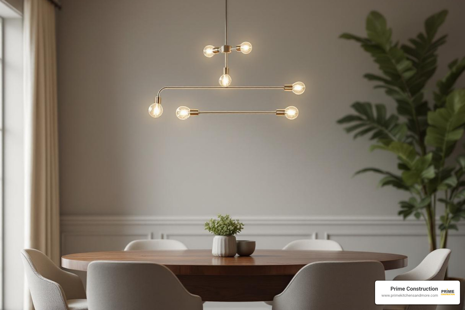 A stylish dining room with a contemporary brushed nickel chandelier featuring clean lines and exposed bulbs - Brushed nickel lighting