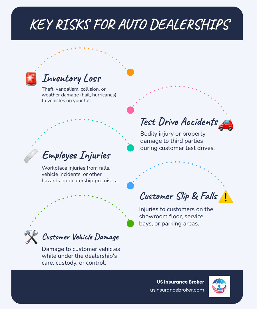 infographic showing key dealership risks including inventory theft and damage, test drive accidents causing bodily injury or property damage, employee workplace injuries from falls or vehicle accidents, customer slip and fall incidents in service areas, and weather-related inventory losses from hurricanes and hail - auto dealer insurance quote infographic infographic-line-5-steps-blues-accent_colors infographic showing key dealership risks including inventory theft and damage, test drive accidents causing bodily injury or property damage, employee workplace injuries from falls or vehicle accidents, customer slip and fall incidents in service areas, and weather-related inventory losses from hurricanes and hail - auto dealer insurance quote infographic infographic-line-5-steps-blues-accent_colors