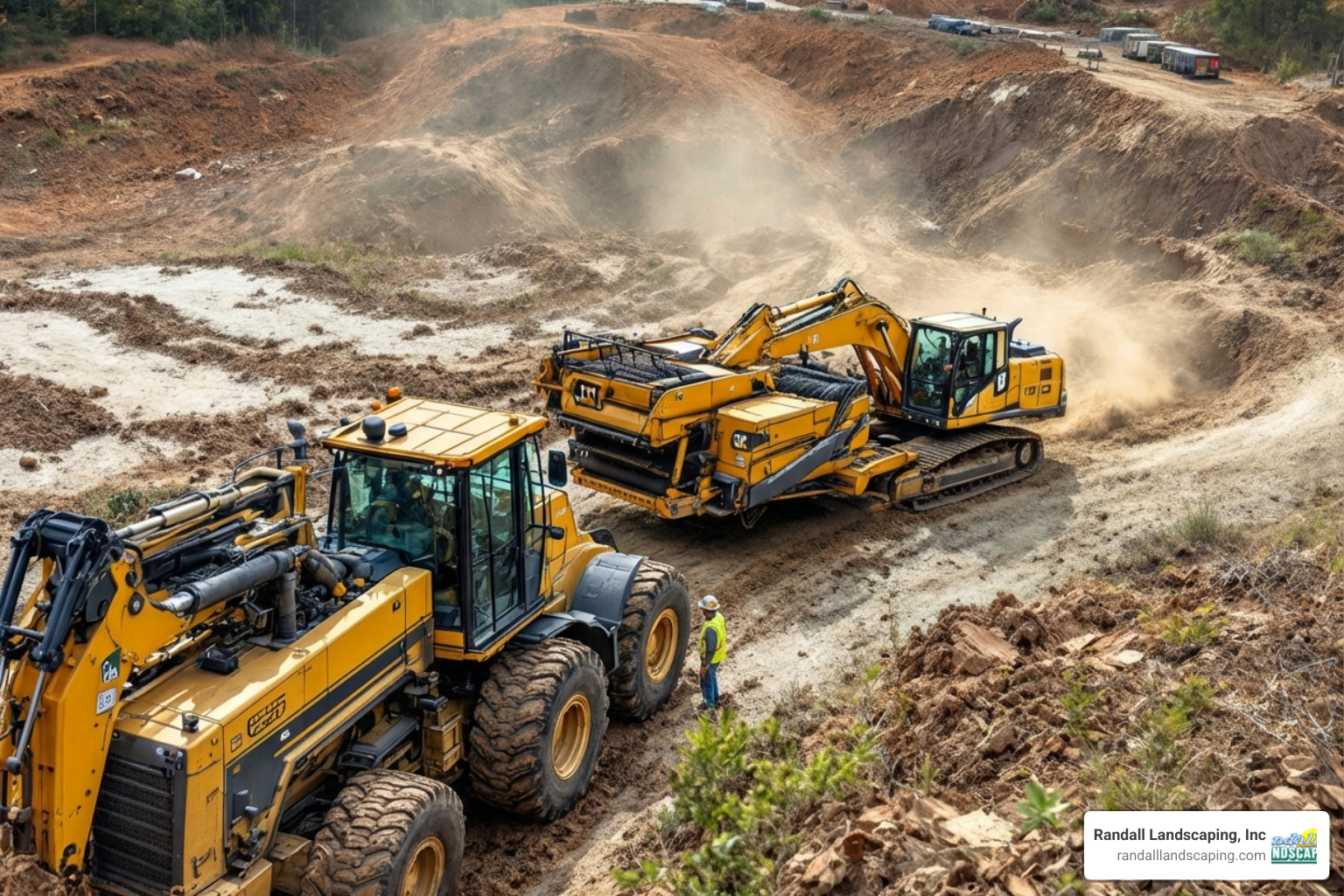 Heavy machinery like an excavator and a mulcher on a worksite - Commercial lot clearing