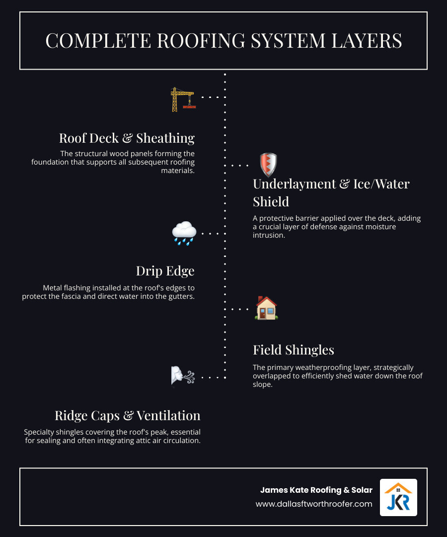 detailed infographic showing the complete roofing system layers from roof deck through sheathing underlayment drip edge ice and water shield field shingles and ridge caps with labels and arrows - Roofing shingles installation infographic infographic-line-5-steps-dark detailed infographic showing the complete roofing system layers from roof deck through sheathing underlayment drip edge ice and water shield field shingles and ridge caps with labels and arrows - Roofing shingles installation infographic infographic-line-5-steps-dark