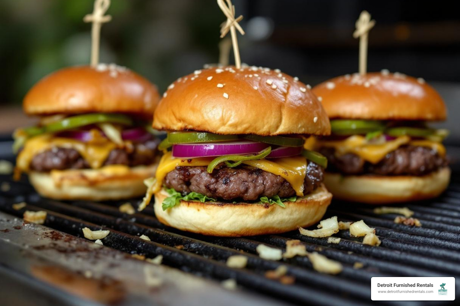 classic sliders with grilled onions on a flat-top grill - Best burger Detroit