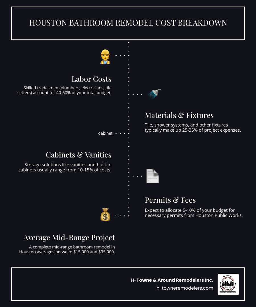 Infographic showing Houston bathroom remodel cost breakdown: 40-60% labor costs, 25-35% materials including tile and fixtures, 10-15% cabinets and vanities, 5-10% permits and fees, with average mid-range project totaling $15,000-$35,000 - houston tx bathroom remodeling infographic infographic-line-5-steps-dark