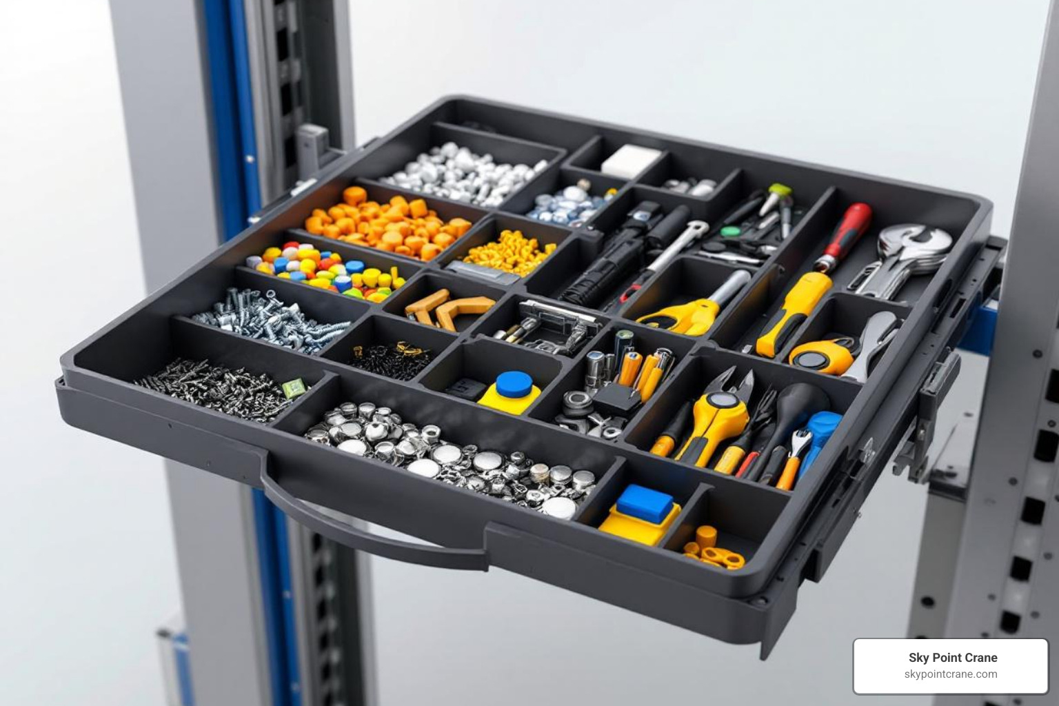 VLM tray with dividers and various parts stored inside - vertical lift module price