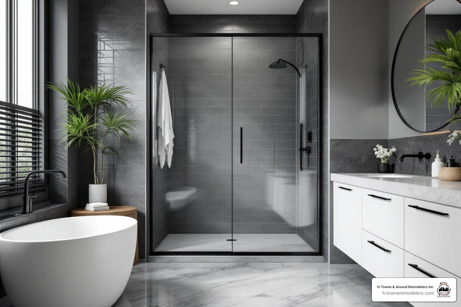 Stylish bathroom featuring matte black fixtures and a large walk-in shower - houston tx bathroom remodeling