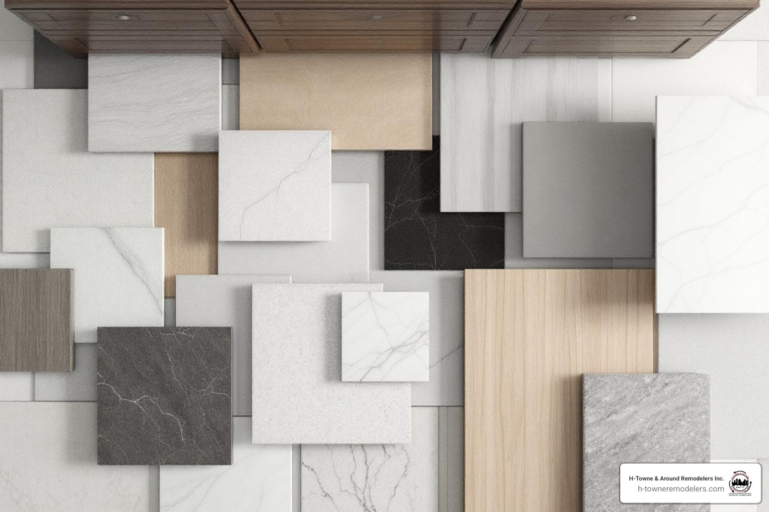 Bathroom material samples including tile, quartz countertops, and wood vanities - houston tx bathroom remodeling