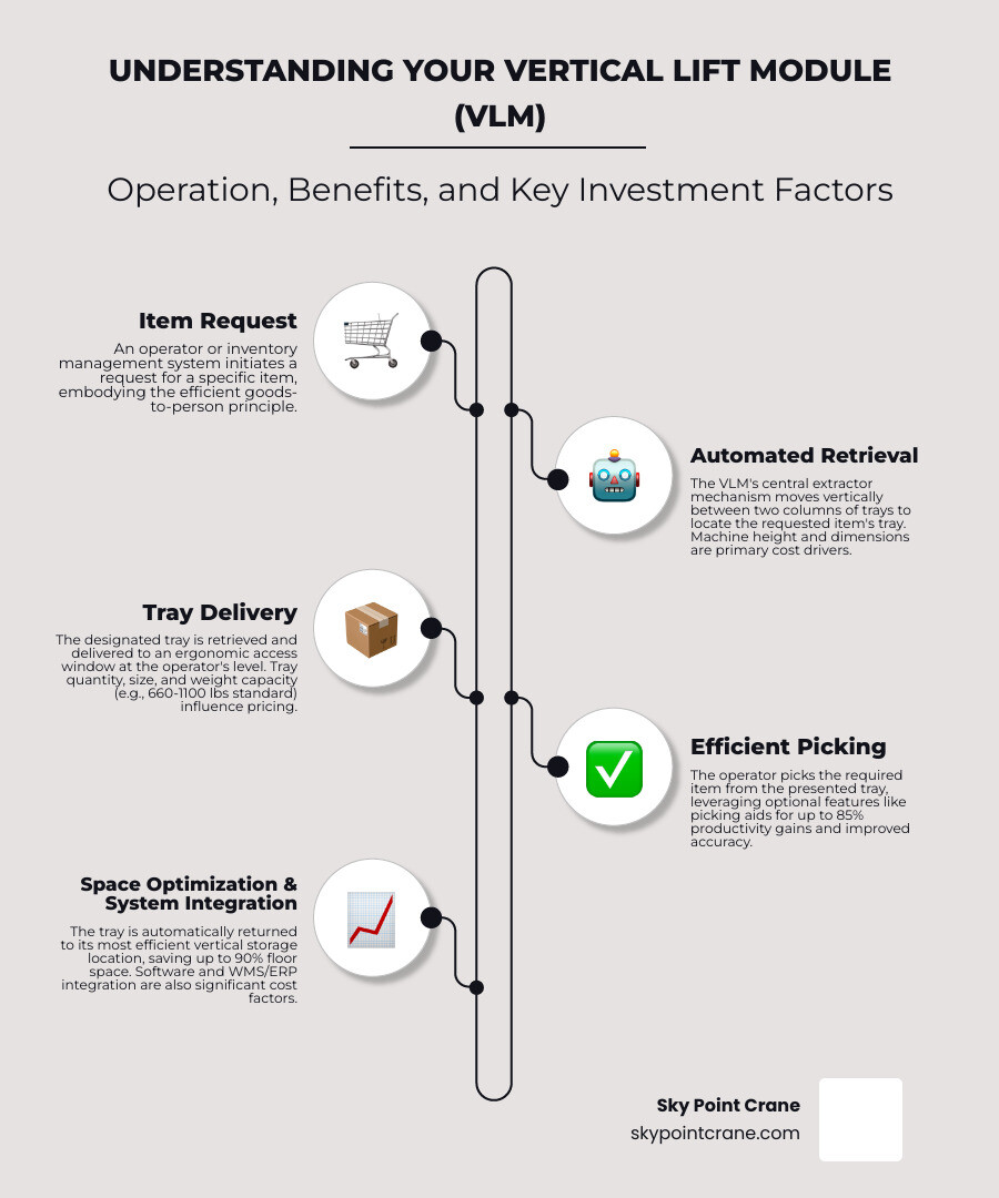 Infographic showing vertical lift module operation from selection through automated retrieval to ergonomic delivery at operator workstation, including tray capacity ranges, space savings percentages, and key cost factors like dimensions, weight capacity, optional features, and software integration - vertical lift module price infographic infographic-line-5-steps-elegant_beige