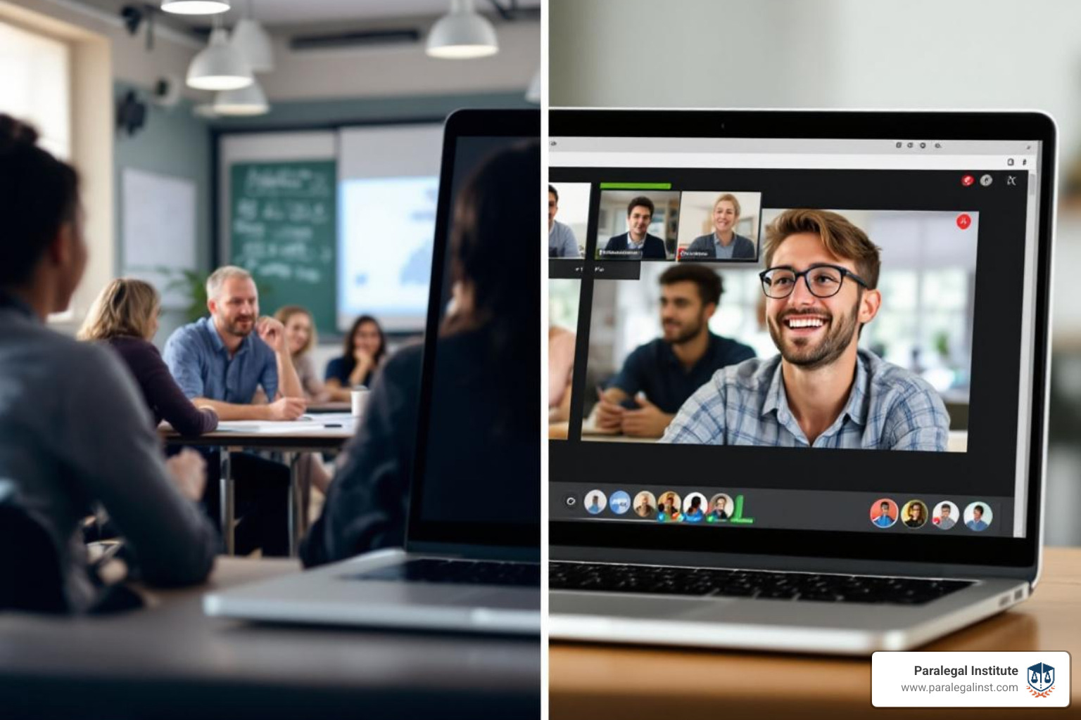 A side-by-side comparison of a vibrant in-person classroom with students actively participating, and an interactive live online class displayed on a laptop screen with a student engaged in a virtual discussion. - legal support courses