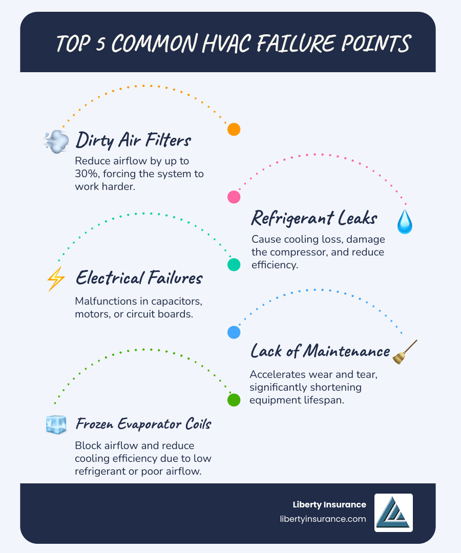 Infographic showing the top 5 most common HVAC failure points: dirty air filters reducing airflow by up to 30%, refrigerant leaks causing compressor damage, electrical failures from capacitors and motors, lack of maintenance accelerating wear, and frozen evaporator coils from poor airflow or low refrigerant - HVAC system breakdown infographic infographic-line-5-steps-blues-accent_colors
