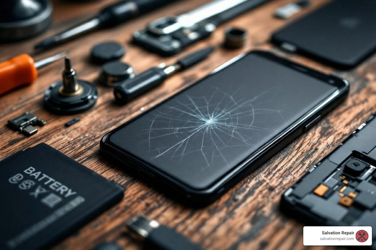 various phone components like a battery, screen, and charging port laid out on a workbench - cell phone repair Hattiesburg MS
