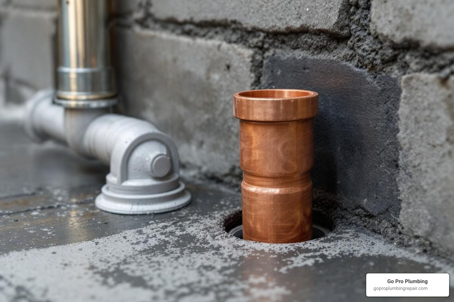 comparing a 4-inch cast iron pipe next to a 2-inch copper pipe in a basement floor - capped pipe in basement floor comparing a 4-inch cast iron pipe next to a 2-inch copper pipe in a basement floor - capped pipe in basement floor