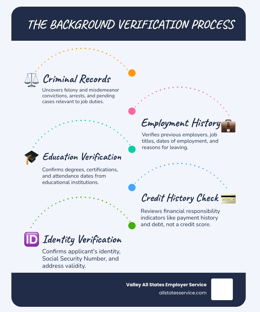 Infographic showing the key components of background verification: a central hub labeled "Background Verification Process" with five connected circles showing Criminal Records Check, Employment History Verification, Education Verification, Credit History Check, and Identity Verification, with icons representing each category - credit history check in bgv infographic infographic-line-5-steps-blues-accent_colors Infographic showing the key components of background verification: a central hub labeled "Background Verification Process" with five connected circles showing Criminal Records Check, Employment History Verification, Education Verification, Credit History Check, and Identity Verification, with icons representing each category - credit history check in bgv infographic infographic-line-5-steps-blues-accent_colors