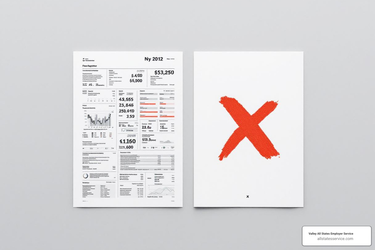 Image of two documents side-by-side, one a detailed report with multiple sections and data points, and the other showing a single large number with "Credit Score" clearly marked and a red "X" over it - credit history check in bgv Image of two documents side-by-side, one a detailed report with multiple sections and data points, and the other showing a single large number with "Credit Score" clearly marked and a red "X" over it - credit history check in bgv