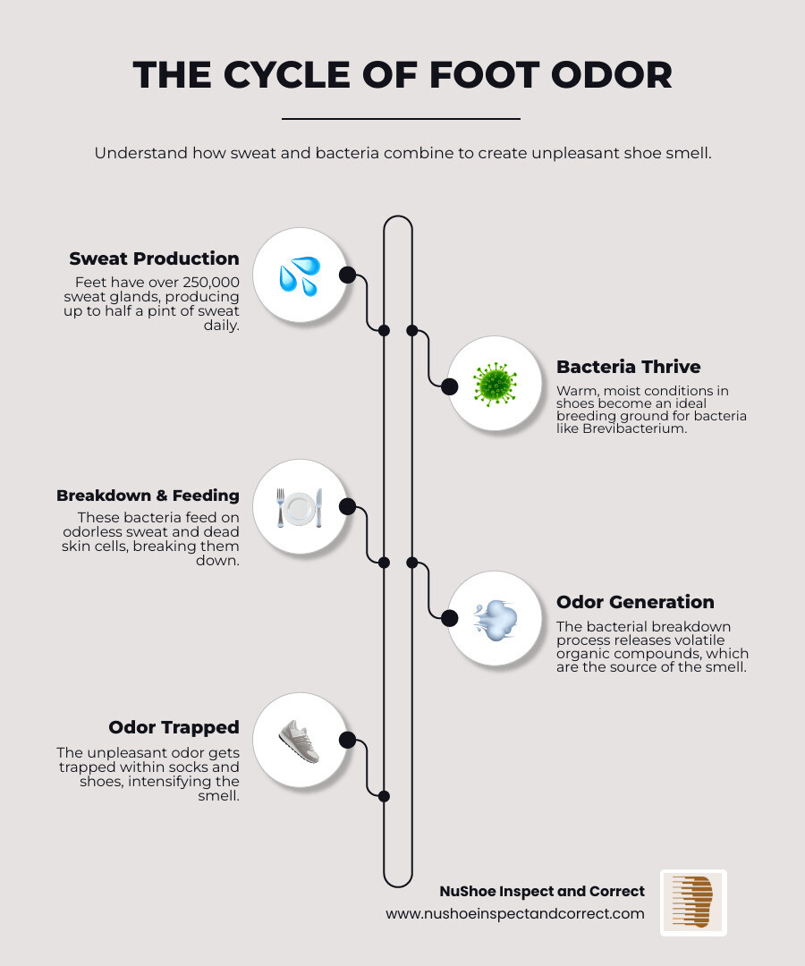 infographic showing the cycle of foot sweat leading to bacterial growth and odor production in shoes - how do you get rid of smelly feet and shoes infographic infographic-line-5-steps-elegant_beige
