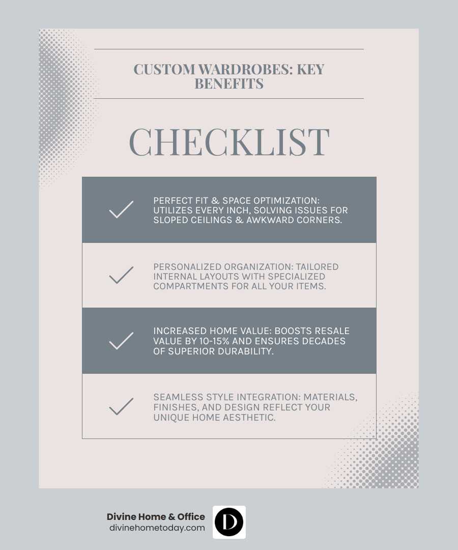 infographic showing benefits of custom built wardrobes including perfect space utilization, increased home value up to 15%, personalized organization systems, premium material options, and solutions for awkward spaces compared to standard wardrobes with wasted vertical space, limited configurations, generic sizing, and lower durability - custom built wardrobes infographic checklist-light-blue-grey