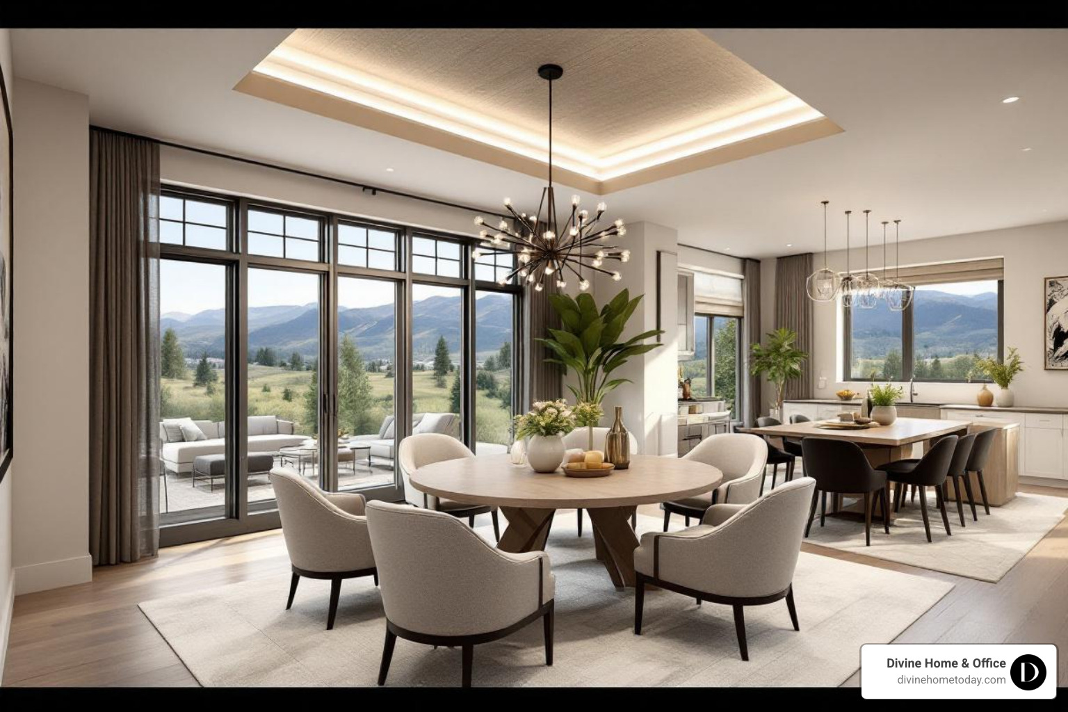 Dining room with a modern ceiling incorporating both a statement chandelier and hidden LED strips in a Denver luxury home - ceiling design modern style