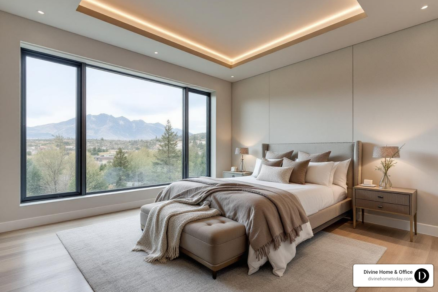 Minimalist bedroom with a simple tray ceiling and subtle cove lighting in a million-dollar Denver home - ceiling design modern style
