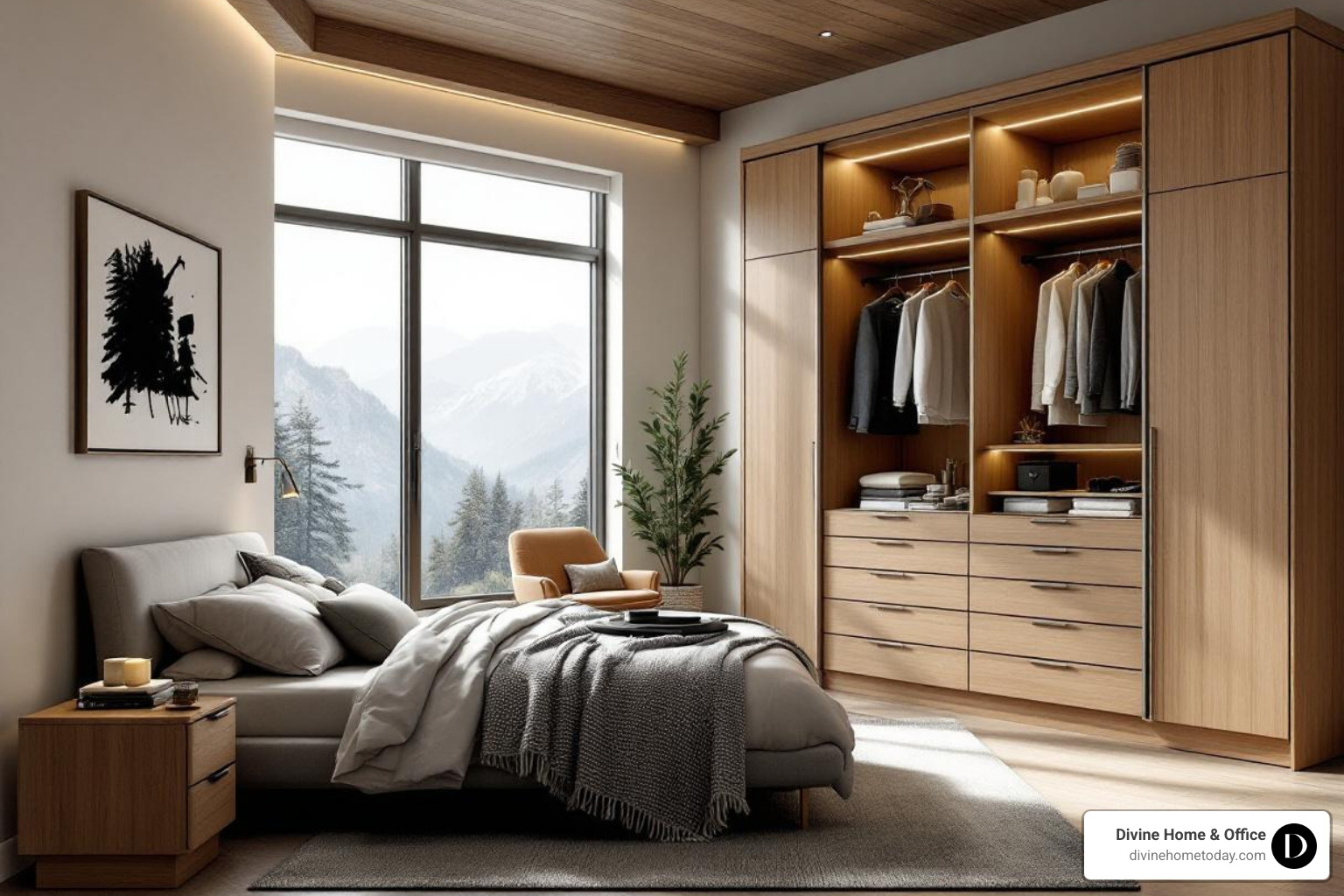 luxury custom built wardrobe in a modern mountain style bedroom, with warm wood tones, integrated lighting, and organized compartments - custom built wardrobes