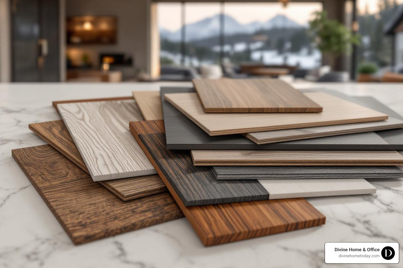 material swatches of wood, melamine, and glass finishes in a modern mountain style home - custom built wardrobes
