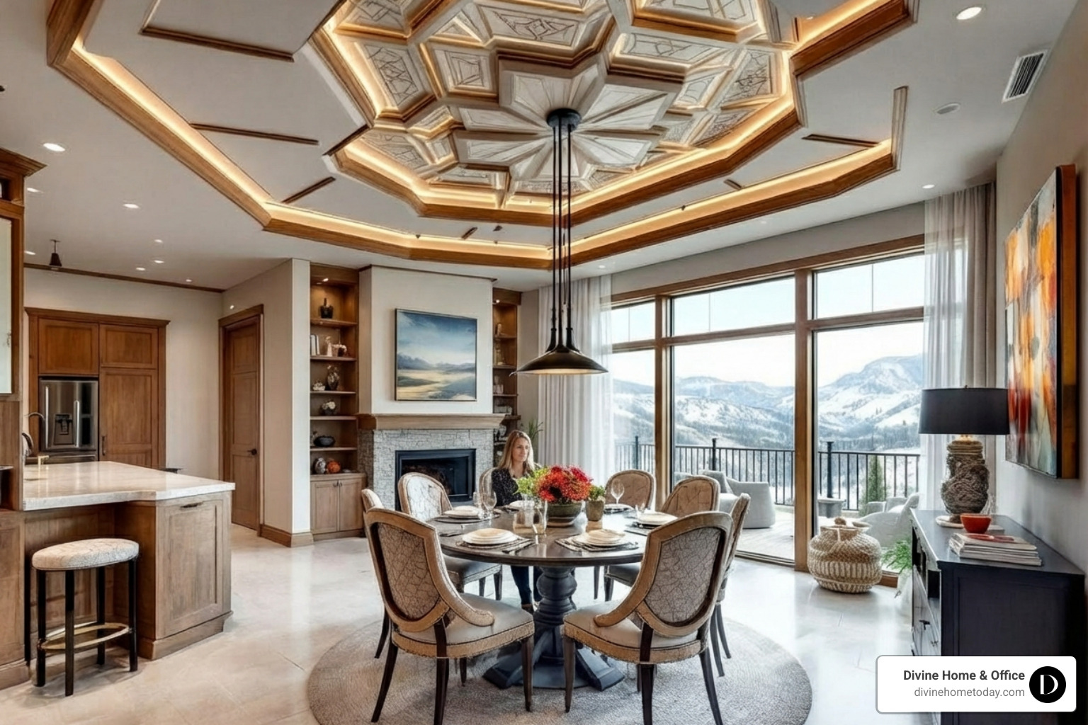 Layered gypsum false ceiling with intricate geometric cuts in a luxury Colorado mountain home dining area - ceiling design modern style