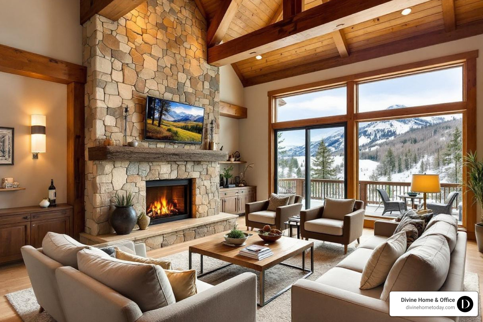 Luxury Colorado mountain living room with warm natural materials, stone fireplace, timber beams - furniture selection interior design Luxury Colorado mountain living room with warm natural materials, stone fireplace, timber beams - furniture selection interior design