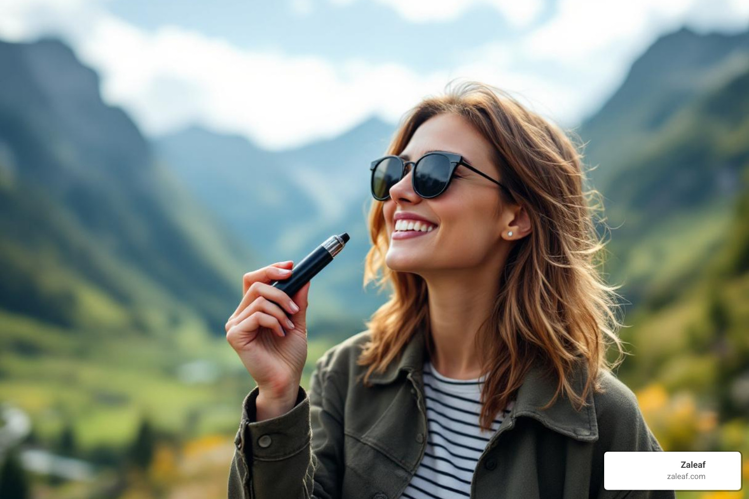 person happily using a sleek vape pen in a scenic outdoor setting - vapor store