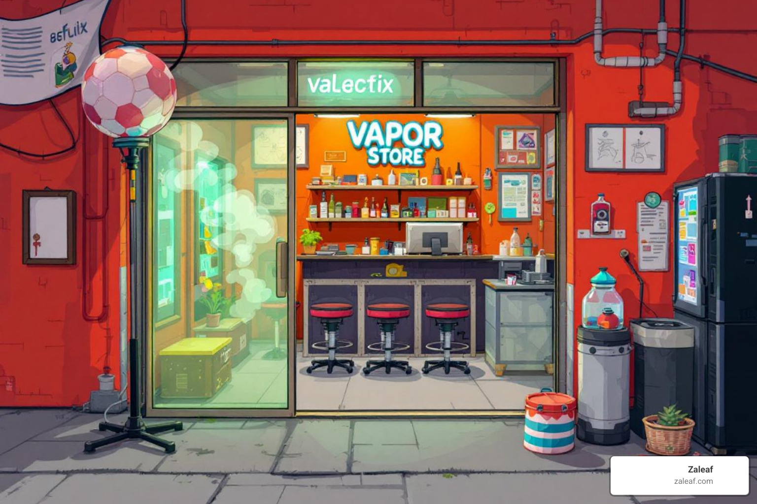 flat-lay showing different vape products: a disposable, a pod system, a vape kit, and a bottle of e-liquid - vapor store