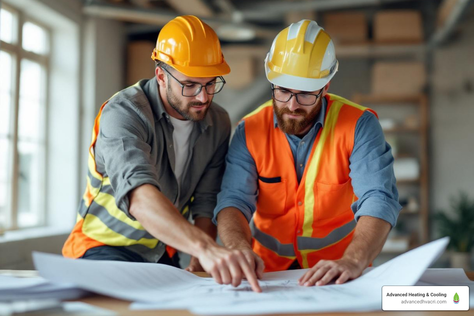 Contractor reviewing blueprints with a client - commercial heating contractors near me