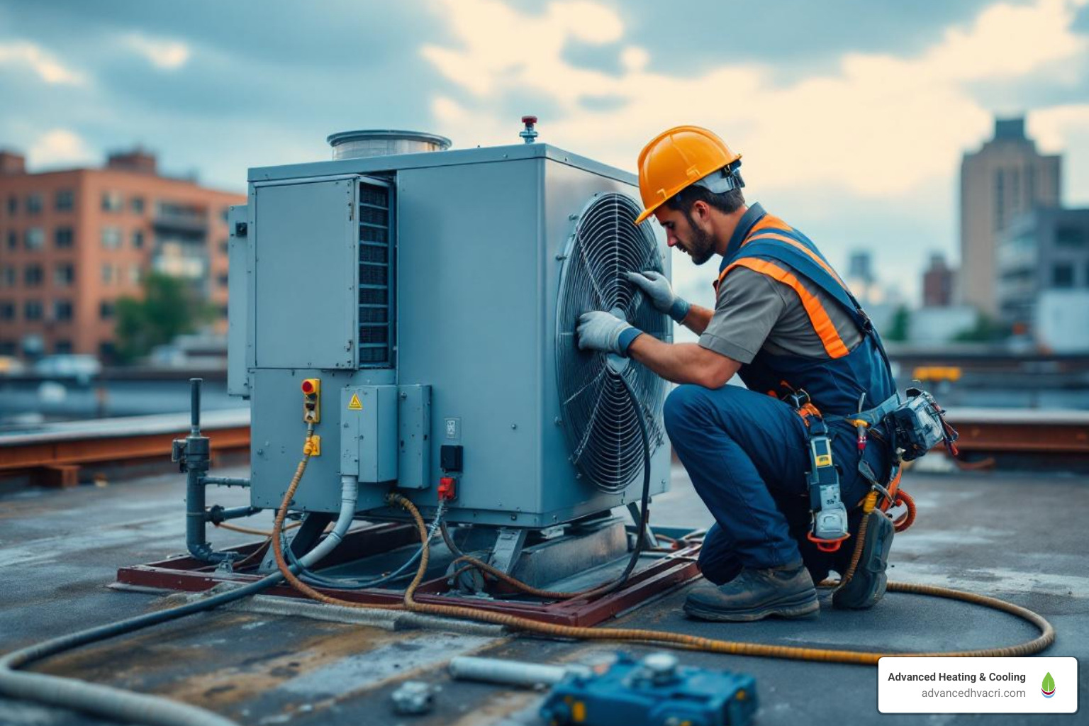 Technician performing maintenance on a commercial rooftop HVAC unit - commercial heating contractors near me