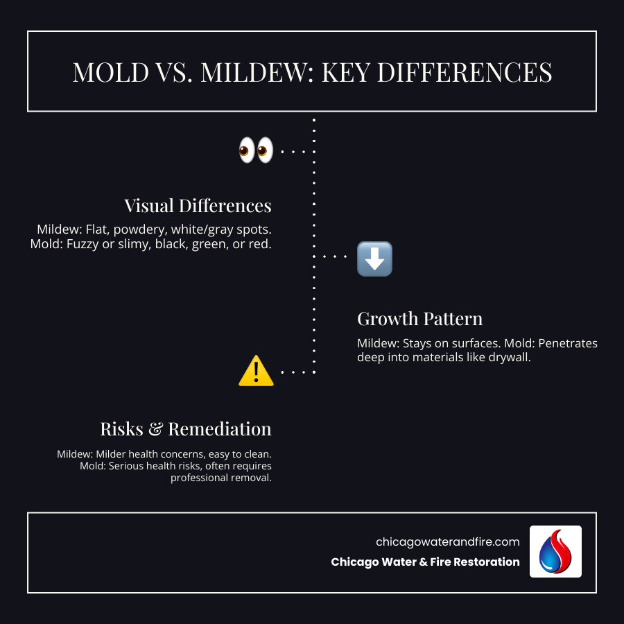 Infographic comparing mold and mildew: Mildew appears as flat, powdery white or gray spots on surfaces and is easier to clean with household products; Mold appears fuzzy or slimy in black, green, or red colors, penetrates deep into materials, and often requires professional removal; Both require moisture to grow and can cause health issues, but mold poses more serious risks including respiratory problems and structural damage - mold vs mildew infographic infographic-line-3-steps-dark