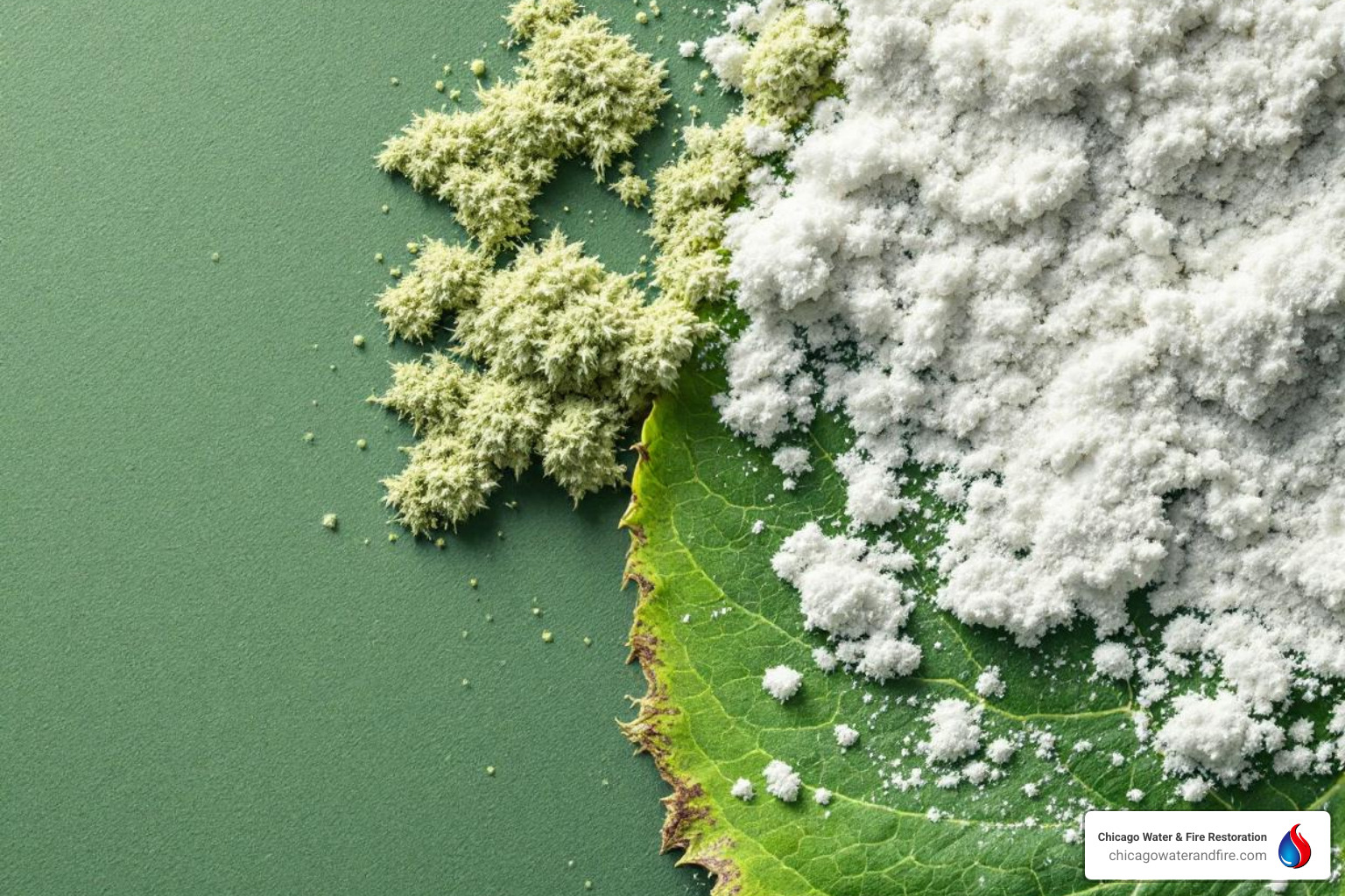 fuzzy green mold on drywall next to powdery mildew on a leaf - mold vs mildew