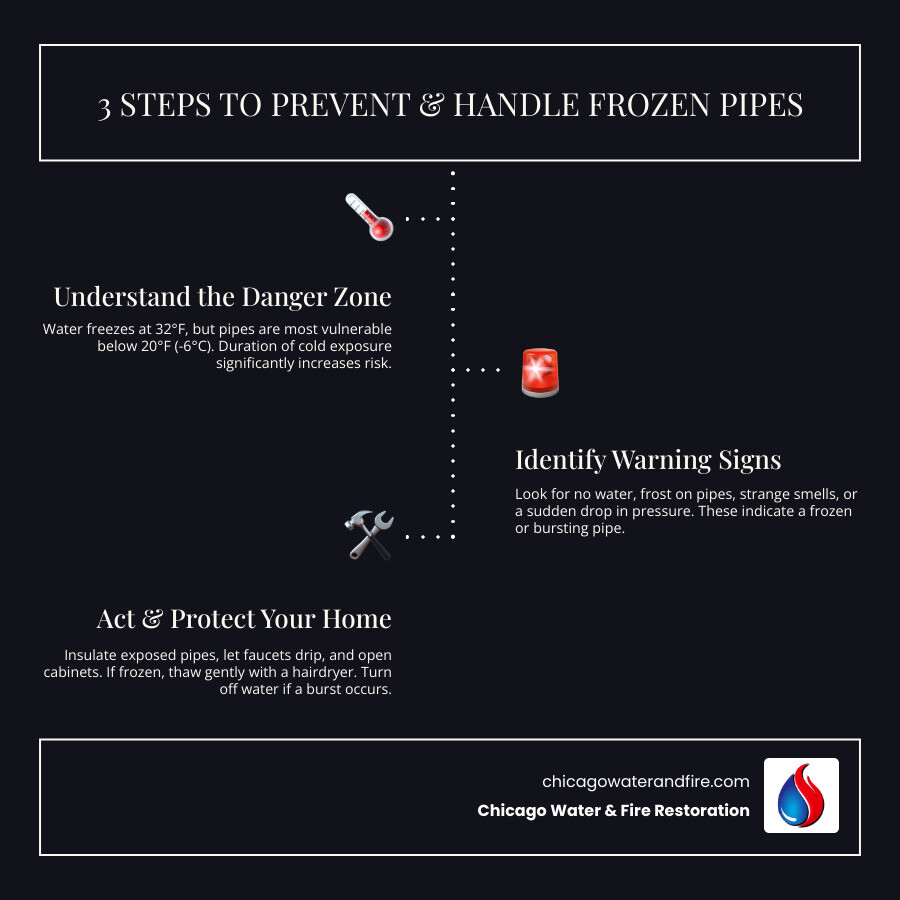 Infographic showing three steps: Step 1 shows thermometer at 20&deg;F labeled as danger zone, Step 2 shows warning signs like no water flow and frost on pipes, Step 3 shows prevention methods including pipe insulation and dripping faucets - at what temperature do pipes freeze infographic infographic-line-3-steps-dark