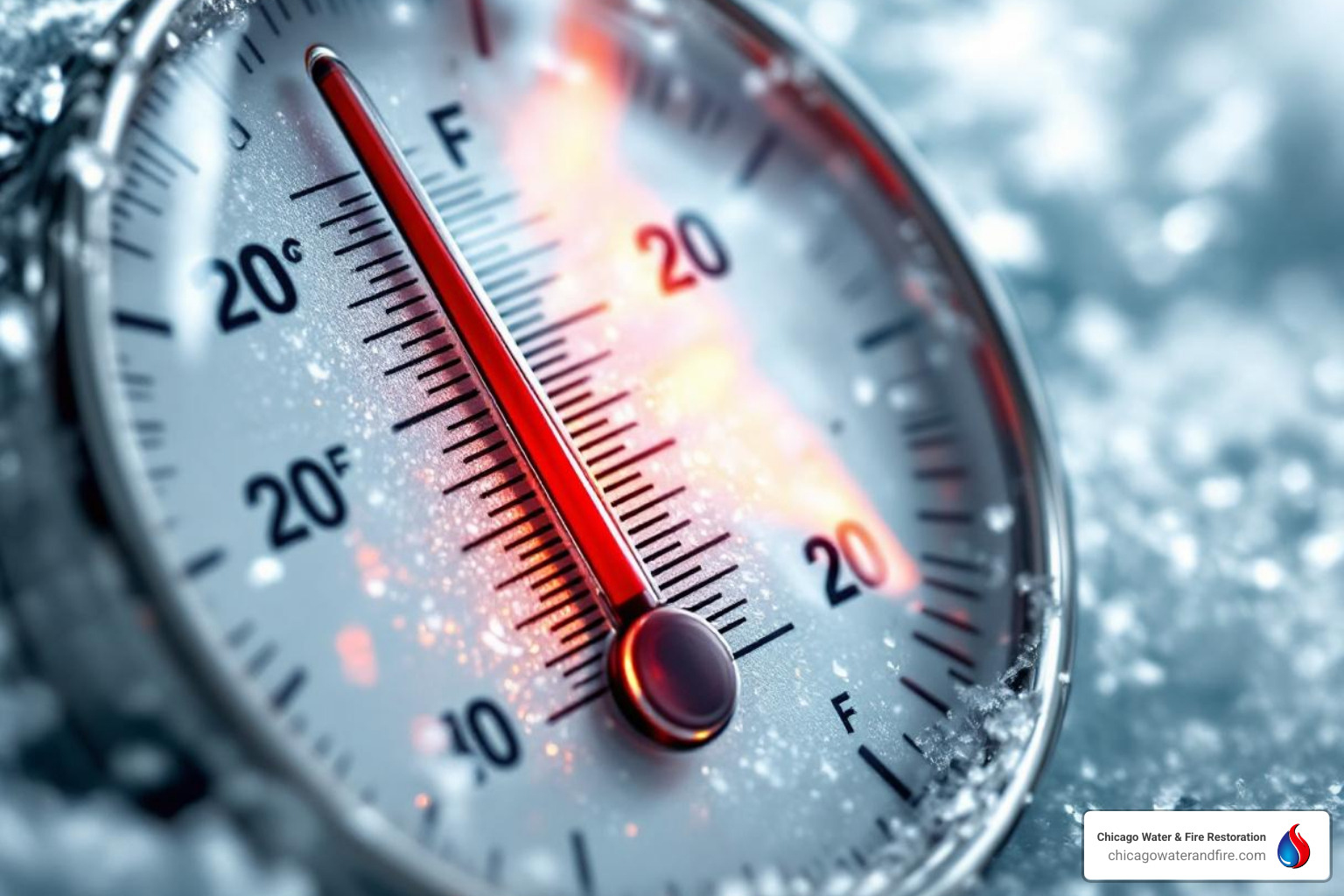 thermometer showing 20&deg;F, the "danger zone" temperature - at what temperature do pipes freeze
