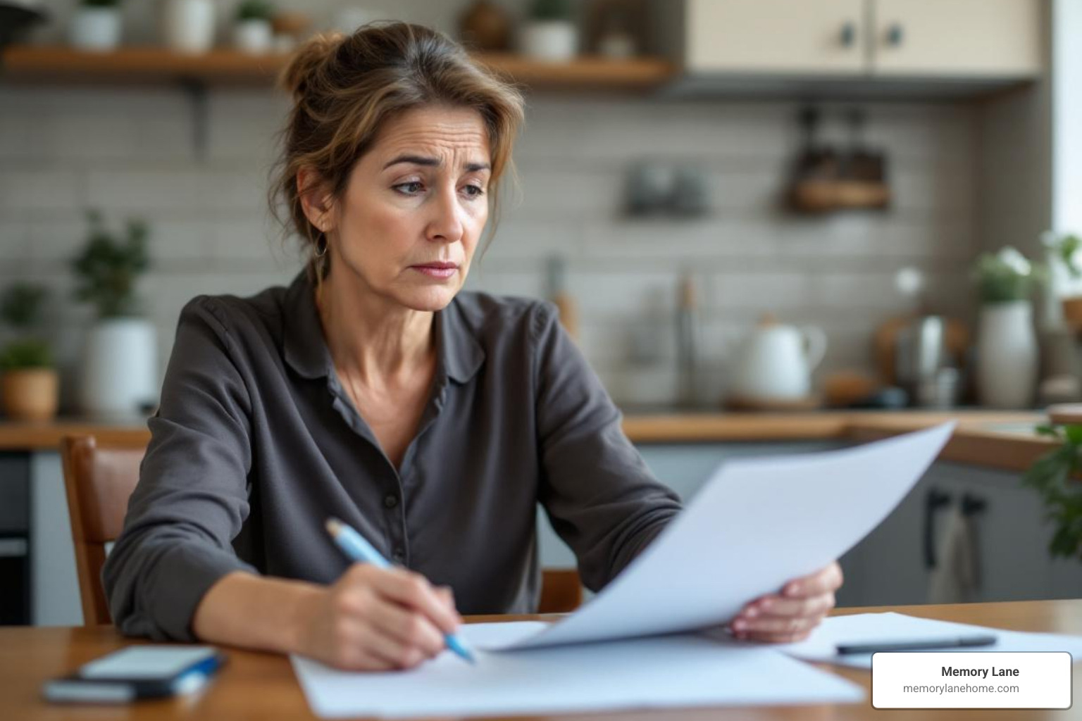 family member looking concerned while reviewing paperwork at a kitchen table - residential dementia care