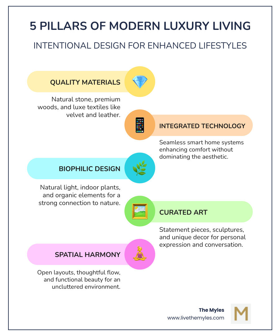 Infographic showing the 5 pillars of modern luxury living in a vertical layout: 1) Quality Materials - featuring icons of marble, wood, and premium textiles; 2) Integrated Technology - showing smart home controls and automation symbols; 3) Biophilic Design - illustrating plants, natural light, and organic elements; 4) Curated Art - displaying framed artwork and sculptural pieces; 5) Spatial Harmony - depicting open floor plans and balanced room layouts. Each pillar includes brief descriptive text about its role in creating luxury living spaces. - modern luxury living infographic infographic-line-5-steps-colors
