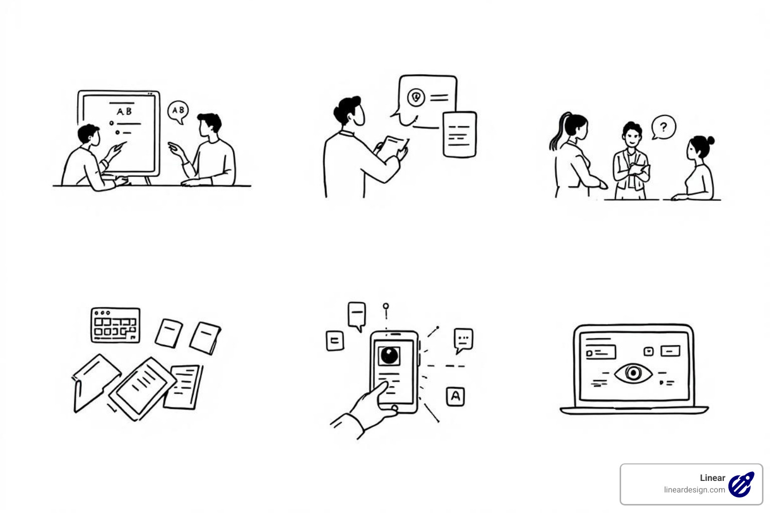 Illustration showing various UX testing methods including A/B testing, user interviews, usability testing, card sorting, and eye-tracking - user experience testing