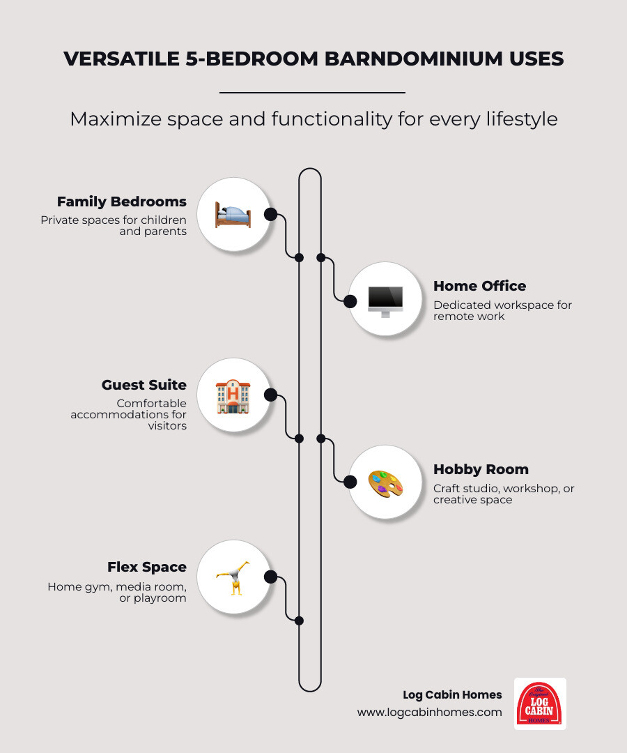 infographic showing five bedroom icons labeled: Master Suite, Children's Bedrooms, Guest Room, Home Office, and Hobby/Flex Space, arranged in a circular layout with 'Versatile 5-Bedroom Uses' in the center - barndominium house plans 5 bedroom infographic infographic-line-5-steps-elegant_beige infographic showing five bedroom icons labeled: Master Suite, Children's Bedrooms, Guest Room, Home Office, and Hobby/Flex Space, arranged in a circular layout with 'Versatile 5-Bedroom Uses' in the center - barndominium house plans 5 bedroom infographic infographic-line-5-steps-elegant_beige