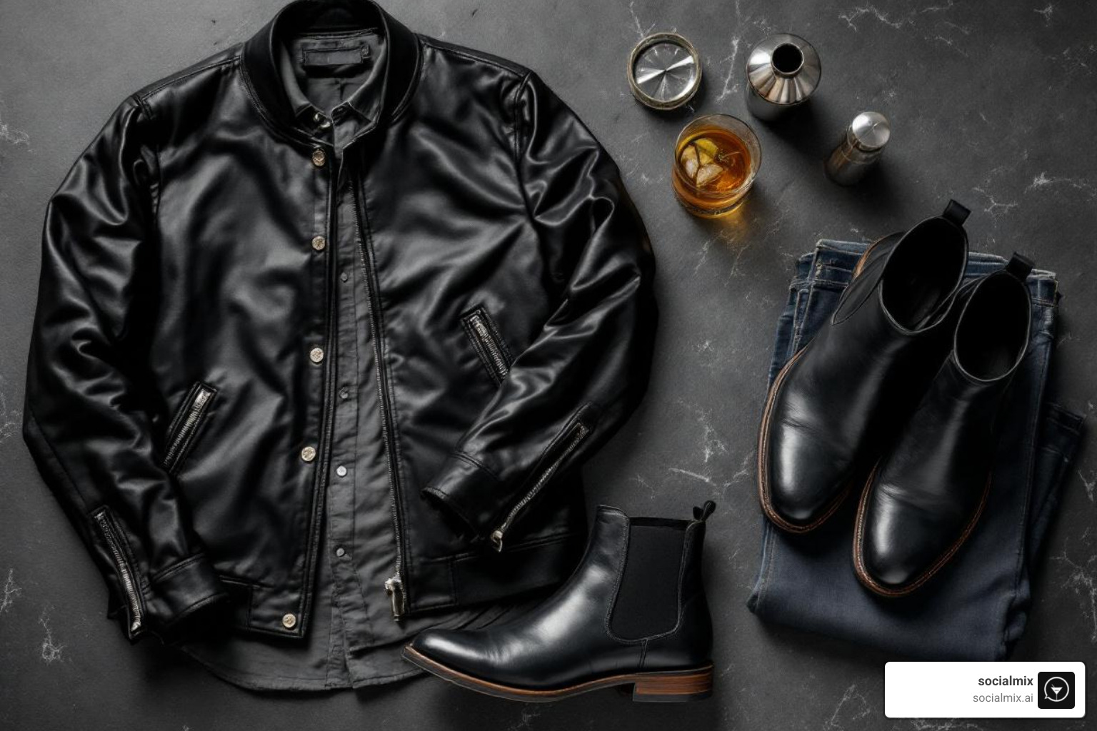 curated flat lay of essential night out items: a dark leather jacket, a crisp overshirt, dark wash jeans, and sleek Chelsea boots arranged next to a cocktail shaker - Night out clothing men curated flat lay of essential night out items: a dark leather jacket, a crisp overshirt, dark wash jeans, and sleek Chelsea boots arranged next to a cocktail shaker - Night out clothing men